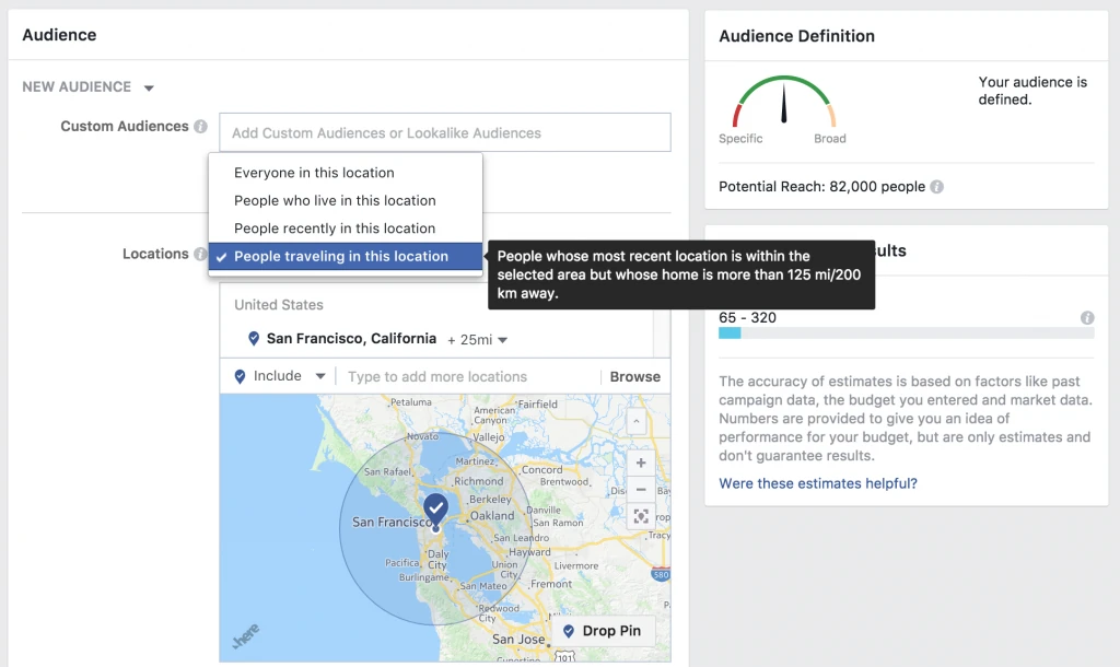 facebook ads audience people traveling in this location