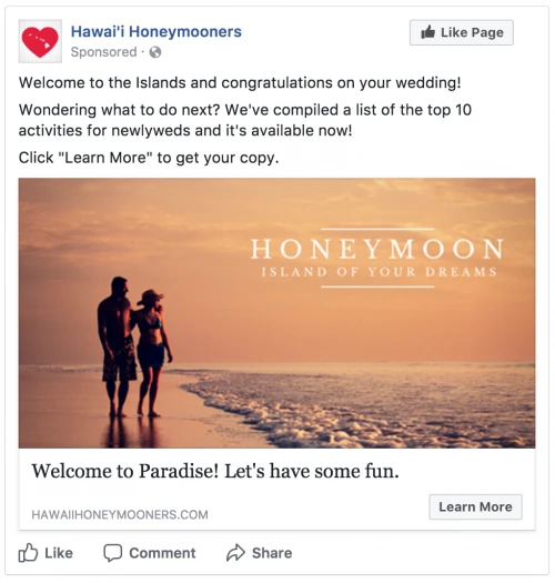 an example facebook ad tour operators can use targeted at honeymooners.